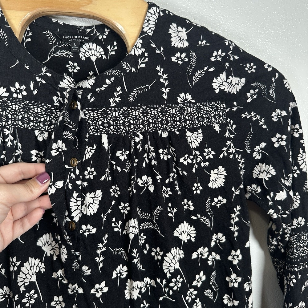 Lucky Brand Popover Top Size Large Black Cream Floral Cotton Peasant Long Sleeve - Picture 3 of 6